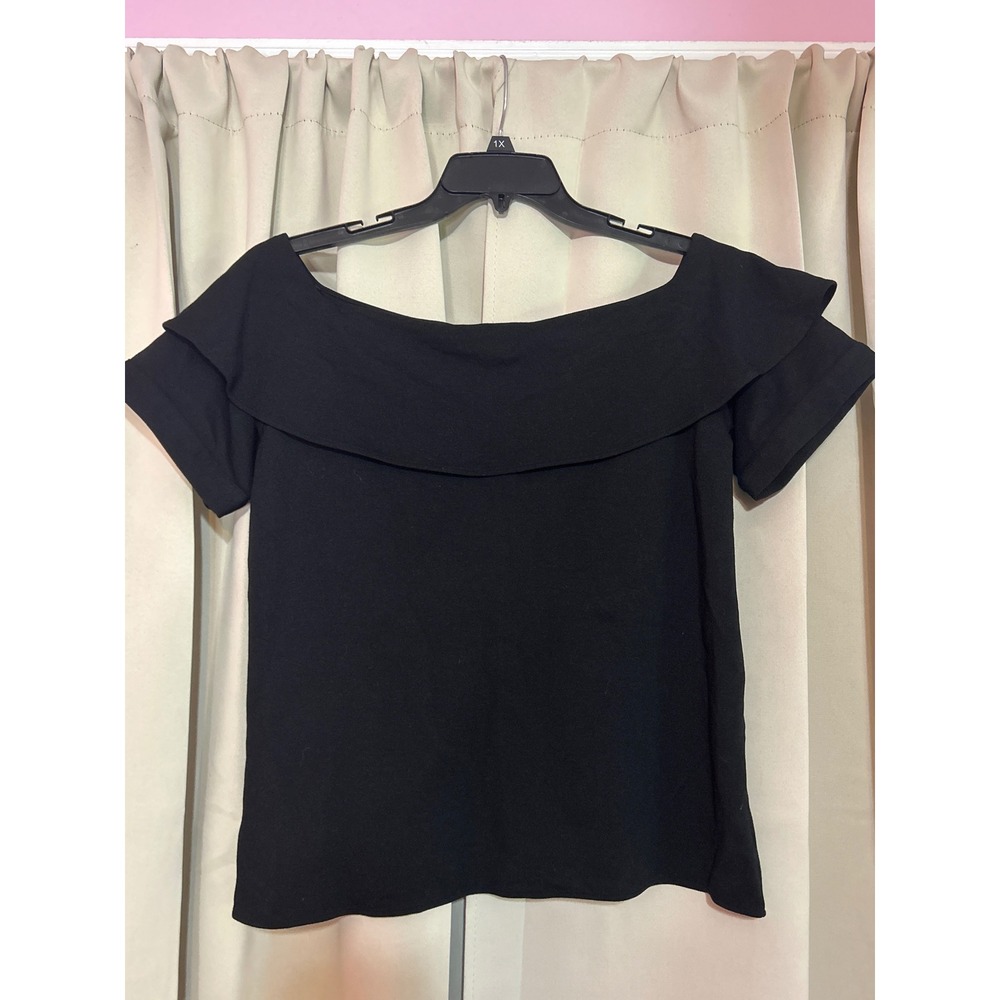 Ann Taylor Top Large Black Off the Shoulder Ruffle Tiered Sleeve Ponte Knit‎